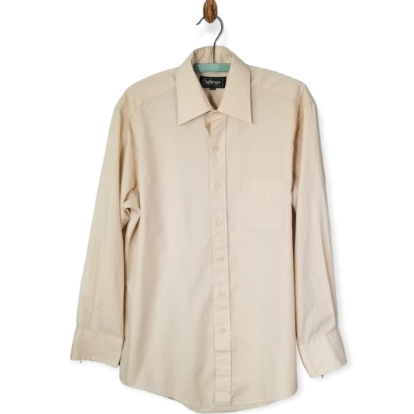 Vintage Beige Tan Work Shirt, Button Up Dress Shirt, thin Men 16-33 - Picture 2 of 7